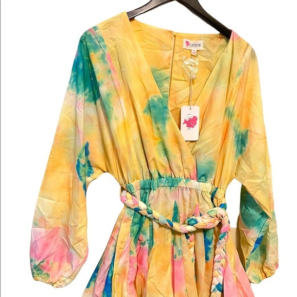 L’Atiste After Glow Tie Dye Rainbow Faux Wrap Belted Flare Skater Mini Dress - Picture 8 of 10